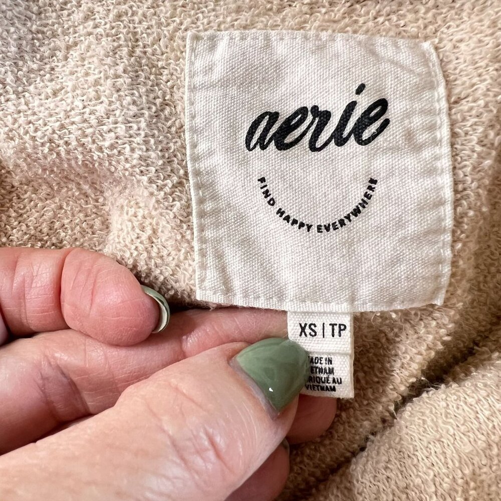 Aerie Beige Hooded Pullover Sweatshirt XS Buttons Pockets Womens Long Sleeve - Picture 6 of 16